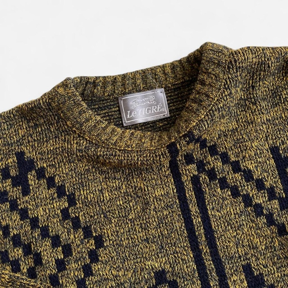 Vintage Le Tigre Yellow & Black Retro Geometric Design Grandpa Pullover Sweater - Picture 2 of 6